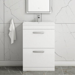 Royal Bathrooms Turin Gloss White 600mm Floor Standing Vanity Unit 2 Drawer With Mid-Edge Basin Sink