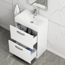 Royal Bathrooms Turin Gloss White 600mm Floor Standing Vanity Unit 2 Drawer With Mid-Edge Basin Sink - thumbnail 5