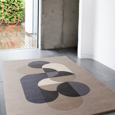 Cream Grey Handmade Abstract Geometric Wool 12-14mm Thick Stain-Resistant Rug For Bedroom, & Dining Room-120Cm X 170Cm - image 1