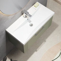 Balterley Belvide Partial Fluted 1 Drawer Wall Hung Vanity Unit With 1 Tap Hole Thin-Edge Basin- 800mm - Satin Green - thumbnail 3