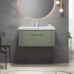 Balterley Belvide Partial Fluted 1 Drawer Wall Hung Vanity Unit With 1 Tap Hole Thin-Edge Basin- 800mm - Satin Green - thumbnail 2