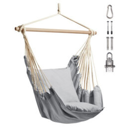 Vonhaus Hanging Chair, Grey Garden Hammock Chair Swing Seat, Cotton Rope Swing Chair With Tree Attachment, Portable Garden Chair - thumbnail 1
