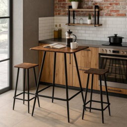 3 Pcs Square Breakfast Bar Table & 2 Stools Set Wood Metal Industrial Style Legs Rustic Brown - thumbnail 5