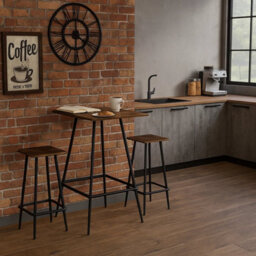 3 Pcs Square Breakfast Bar Table & 2 Stools Set Wood Metal Industrial Style Legs Rustic Brown - thumbnail 4