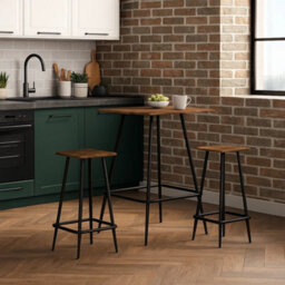 3 Pcs Square Breakfast Bar Table & 2 Stools Set Wood Metal Industrial Style Legs Rustic Brown - thumbnail 3