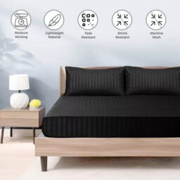 Ameha Stripe Fitted Sheet 40 Cm Deep Pocket- Hypoallergenic Easy Care Black Bed Sheets Uk Double Bedsheet(137X190Cm) - thumbnail 8