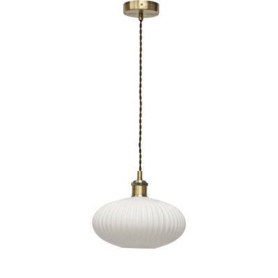 First Choice Lighting Baton - White Ribbed Oval Glass Antique Brass Retro Pendant Fitting - image 1