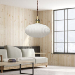 First Choice Lighting Baton - White Ribbed Oval Glass Antique Brass Retro Pendant Fitting - thumbnail 4
