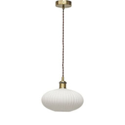 First Choice Lighting Baton - White Ribbed Oval Glass Antique Brass Retro Pendant Fitting - thumbnail 1