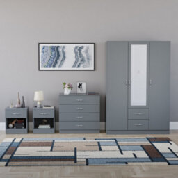 Lassic Vida Designs Riano 4 Piece Bedroom Set (1 Drawer Bedside Chest, 4 Drawer Chest, 3 Door 2 Drawer Mirrored Wardrobe), Grey - thumbnail 7