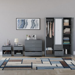 Lassic Vida Designs Riano 4 Piece Bedroom Set (1 Drawer Bedside Chest, 4 Drawer Chest, 3 Door 2 Drawer Mirrored Wardrobe), Grey - thumbnail 2