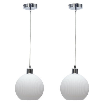 First Choice Lighting Set Of 2 Betchley - White Ribbed Glass Globe With Chrome Pendants - image 1