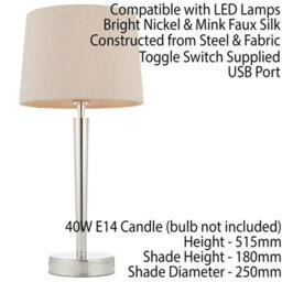 Modern Table Lamp & Usb Charger Nickel & Mink Shade Metal Bedside Feature Light - thumbnail 2