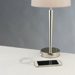 Modern Table Lamp & Usb Charger Nickel & Mink Shade Metal Bedside Feature Light - thumbnail 4