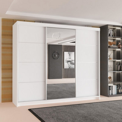 Sliding Wardrobes 4 u LTD Modern Sliding Door Wardrobe With Mirror - Spacious Bedroom Storage Cabinet In 4 Colors (White, 250Cm) - image 1