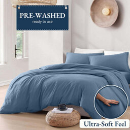 Bedlooms Washed Blue Plain Dyed Duvet Cover Complete Bedding Set, Breathable & Anti-Allergic Microfiber, Super King 260X220Cm - thumbnail 2