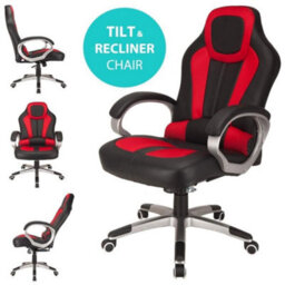 Deluxe Office Gaming Chair Padded Reclining Faux Leather - Red - thumbnail 2