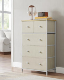 Drawer Chest, Cloth 5-Drawer Storage Organizer, Dresser, For Lounge, Passage, Baby Room, Camel Yellow And Cream White