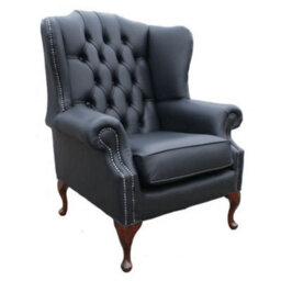 Chesterfield High Back Wing Chair Shelly Black Leather Bespoke In Mallory Style - thumbnail 1