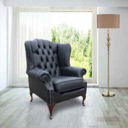 Chesterfield High Back Wing Chair Shelly Black Leather Bespoke In Mallory Style - thumbnail 3