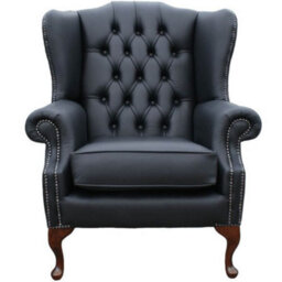 Chesterfield High Back Wing Chair Shelly Black Leather Bespoke In Mallory Style - thumbnail 2