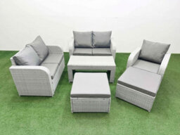 Fimous High Back Poly Rattan Garden Furniture Set Reclining Chair Loveseat Sofa Oblong Coffee Table Set 2 Big Stool Light Grey - thumbnail 1