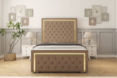"Sloomy Sofia Gold Mink Plush Bed Frame With Mattress With 50"" Upholstered Headboard 4' Small Double" - image 1