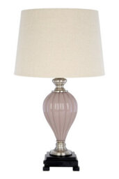 Orsina Pleated Glass Table Lamp, Tonal Pink & Natural Linen Shade, Stepped Iron Base Lamp For Bedside Or Lounge
