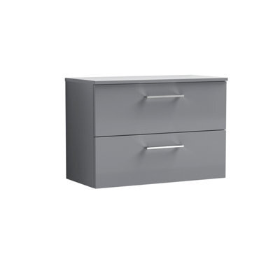 Nuie Arno Wall Hung 2-Drawer Modern Vanity Unit With Satin Grey Laminate Worktop, Stylish Counter Top Vanity Unit In Satin Grey