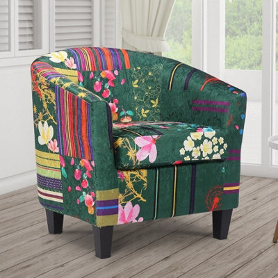 Tub Chair Armchair Club Chair In Green Patchwork Fabric - image 1