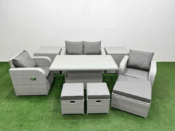 Fimous Light Grey Rattan Garden Furniture Set Sofa Set Reclining Chair Adjustable Lifting Table 7 Seater 3 Stools 2 Side Table - thumbnail 2