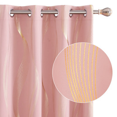 Deconovo Blackout Eyelet Curtains Thermal Insulated Gold Wave Line Foil Printed Curtains For Bedroom 66X72 Inch Coral Pink