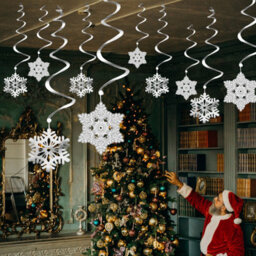 Neel Blue Christmas Snowflake Swirl Decorations, Silver & White Hanging Cutouts - 30Pcs - thumbnail 7