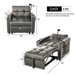 Matteo 3-In-1 Expandable Single Sofa Bed With Drink Holders And Phone Holder - Dark Gray - thumbnail 3