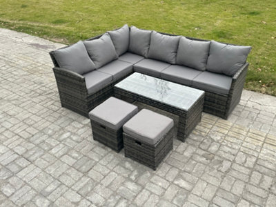 Fimous 8 Seater Outdoor Rattan Garden Furniture Set Corner Sofa Oblong Coffee Table Sets With Patio 2 Small Footstools - image 1