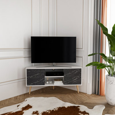 Decorotika Lesson Corner Tv Stand Tv Unit Tv Cabinet For Tvs Up To 55 Inch White & Black Marble Effect - image 1
