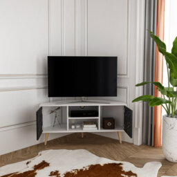 Decorotika Lesson Corner Tv Stand Tv Unit Tv Cabinet For Tvs Up To 55 Inch White & Black Marble Effect - thumbnail 3