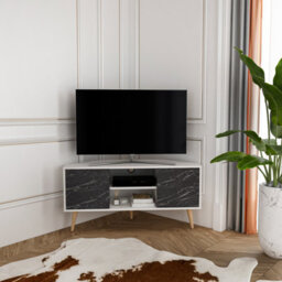 Decorotika Lesson Corner Tv Stand Tv Unit Tv Cabinet For Tvs Up To 55 Inch White & Black Marble Effect