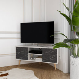Decorotika Lesson Corner Tv Stand Tv Unit Tv Cabinet For Tvs Up To 55 Inch White & Black Marble Effect - thumbnail 4