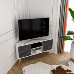 Decorotika Lesson Corner Tv Stand Tv Unit Tv Cabinet For Tvs Up To 55 Inch White & Black Marble Effect - thumbnail 2