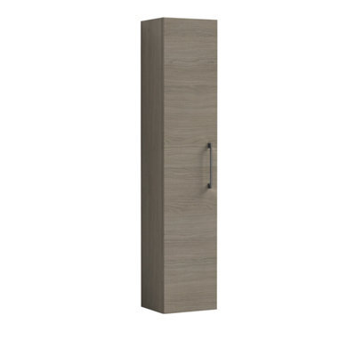 Balterley Level Modern Bathroom 1 Soft Close Door Wall Hung Tall Storage Unit, Woodgrain Mid Oak With Brushed Pewter Handle, 300mm