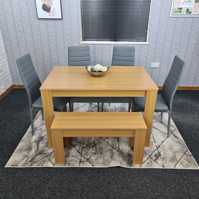 Kosy Koala Oak Effect Dining Table Set With 4 Grey Faux Leather Chairs And Bench Dining Room Furniture - image 1