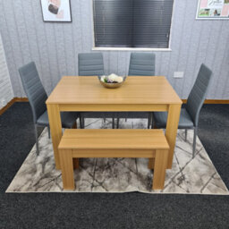 Kosy Koala Oak Effect Dining Table Set With 4 Grey Faux Leather Chairs And Bench Dining Room Furniture - thumbnail 1