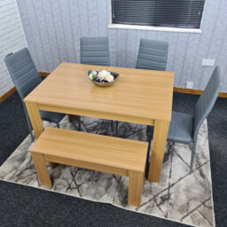 Kosy Koala Oak Effect Dining Table Set With 4 Grey Faux Leather Chairs And Bench Dining Room Furniture - thumbnail 5