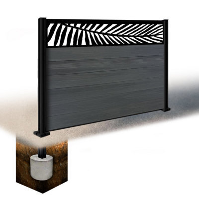 Easycomposite 4Ft Composite Fence Panel & Aluminium Post Sunken In Ground - Anthracite Boards & Palm Topper Trellis - image 1