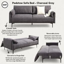 OAT Home Padstow Fabric Modern Pillow Style 3 Seater Clic Clac Sofa Bed - Charcoal Grey - thumbnail 8