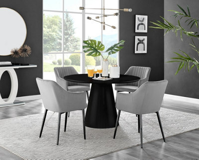 Furniturebox Uk Palma Black Semi Gloss Round Pedestal Dining Table & 4 Grey Velvet Calla Black Leg Chairs - image 1
