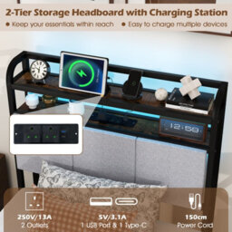 Costway Single Size Metal Bed Frame W/ Led Light & Charging Station-Brown - thumbnail 8