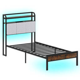 Costway Single Size Metal Bed Frame W/ Led Light & Charging Station-Brown - thumbnail 1