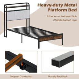 Costway Single Size Metal Bed Frame W/ Led Light & Charging Station-Brown - thumbnail 5